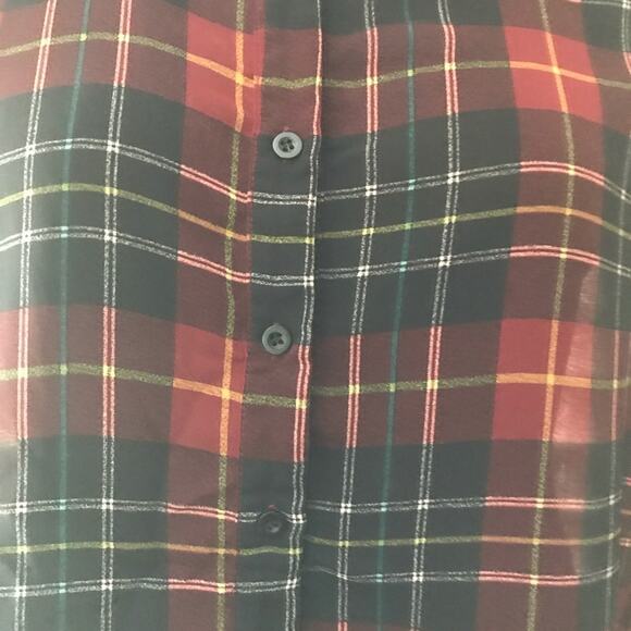 Sans Souci Sheer Plaid Top Floral Sleeves Sz Large - Picture 3 of 7